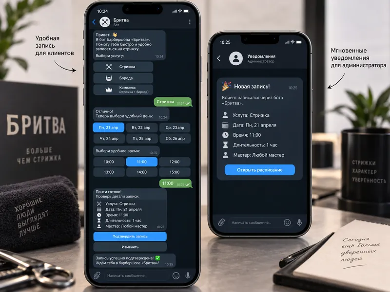 Telegram-бот записи в барбершоп на двух смартфонах