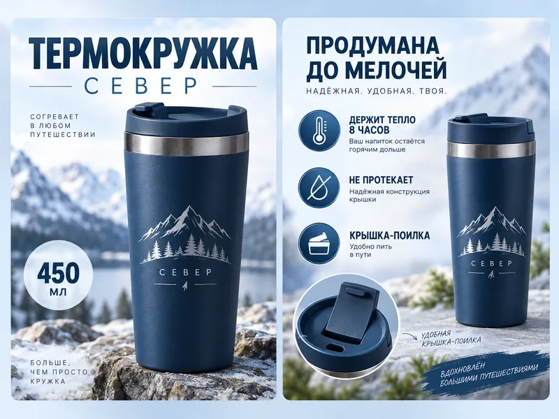 Две карточки товара для термокружки с преимуществами