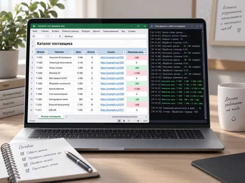 Таблица Excel с каталогом поставщика и окно скрипта сбора данных
