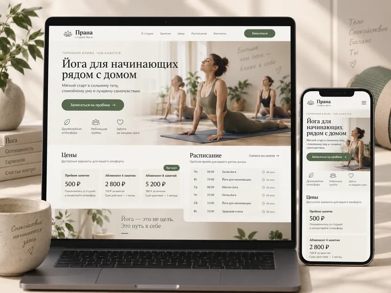 Лендинг студии йоги на ноутбуке и смартфоне